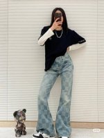 模特图！ 供190 复刻版本 Louis Vuitton 路易威登 棋盘格牛仔裤 喇叭裤 轻奢主义 正确版本 原版一致 定制原版丹宁斜纹全棉牛仔面料，Marqu