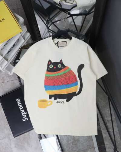 供 实拍图 古驰 Gucci胖胖小猫圆领短袖T恤 款号 344 原版面料官方同款短袖T恤 定制280 克同缸染面料手感非常舒服 春夏最新砖柜同步时尚又个性超级百