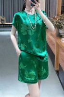 上衣 短裤新款 真丝冠乐绉提花＂梅兰竹菊”盘扣圆领短袖松紧腰短裤套装 绿色 白色Smlxlxxl