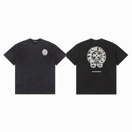 Chrome Hearts Ch 克罗心 前后马蹄发泡印花水洗做旧情侣圆领短袖T恤-顶级版本 Color：水洗黑 Size：S M L Number：25032