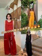 2025夏季爆款 重磅100%酵洗亚麻气质显瘦无袖上衣+阔腿裤三色套装 超高品质 细节把控深圳专柜品质全包边工艺 跑量价 姜黄色 番茄红色 黑色三色四码S M