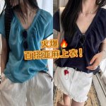 上衣 上新 爆款亚麻百搭上衣 设计感飞飞袖V领手工捏褶宽松显瘦亚麻衬衫 欧洲站新款时尚洋气小衫潮 蓝色 藏青Smlxl