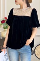 上新款 重工珍珠钉珠泡泡袖上衣 材质：100%真丝丝绒 尺码：S-Xl