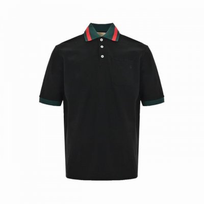 gucci 古驰 24Ss 红绿领刺绣双G口袋Polo短袖 朱地面料260克 红绿条纹领刺绣双G短袖Polo衫 黑色 Size:Xs-L