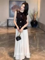 御姐黑色立体花朵无袖背心2025春夏新款气质高腰修身半身裙套装女 Sml