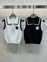 chanel香奈儿小香双C毛巾绣花拼色翻领针织背心 款号：25670105252 颜色：白色 黑色 尺码：均码 80-125斤