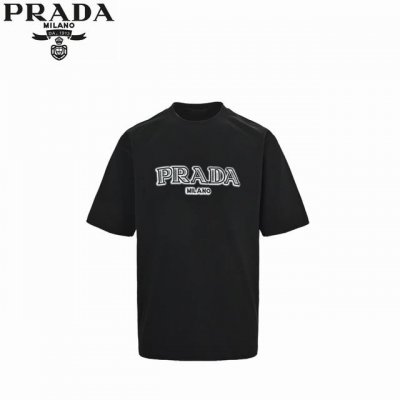 prada 普拉达 25Ss 刺绣字母后背泼墨三角标短袖 经典胸前Logo泼墨立体刺绣和后背新元素三角标斑驳印花 260G棉质布料40支双纱面料 无蚀尘毛艺工处