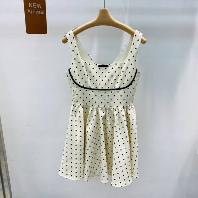 新款经典波点后背大蝴蝶结设计撞色无袖背心方领收腰连衣裙Sml