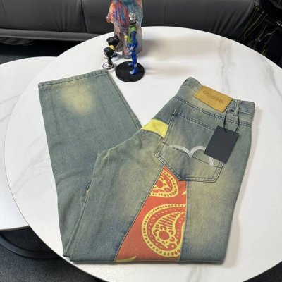 p140 【Evisu脏脏做旧牛仔长裤】Evisu 福神牛仔裤 情侣款特供中山原厂原浆牛仔，面料环保，做旧拼接元素，和带有欧美风格的腰果花组合，与M的完美结合、