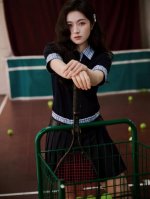 25Ssmiumiu李兰迪同款拼接格子T恤Smlp ：蓝