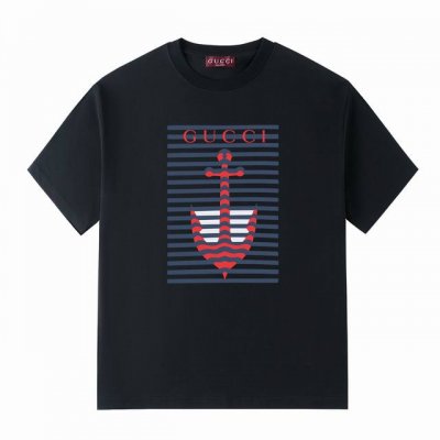 G家25夏日系列 Gucci船锚条纹图形Logo -采用双纱纯棉250G 短T 三标齐全 面料颜色定制定染 不缩水不退色 手感舒服 质感超强潮男潮女必备经典落肩