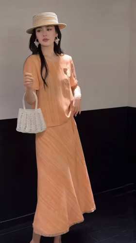 重磅天丝亚麻套装 纯手工撕毛边 定制花朵 高品质 超美套装 夏季时尚圆领花朵流苏边上衣半身裙两件套套装2色橘色 黄色Smlxl