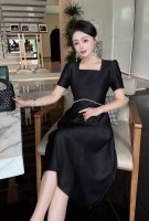 新款重工订钻丝毛高端礼服裙长款连衣裙，可以做4季款，外搭披肩外套都很Ok丝毛料 版型挺阔有型 面料柔软丝滑 黑色S-L