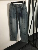 P200款号6019 Lv*新款 老花Logo刺绣时尚百搭牛仔长裤，蓝色，Sml， M码；腰围70，长110