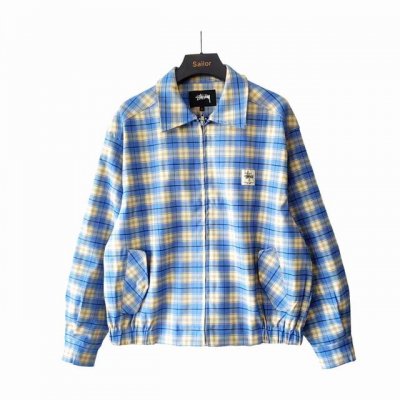 实拍细节图+尺码表 Stussy 斯图西蓝色对格夹克外套 斯图西24春季新品推荐 翻领宽松教练夹克外套 偏短宽的版型 上身立体 有造型感 门襟选用金属Ykk拉链