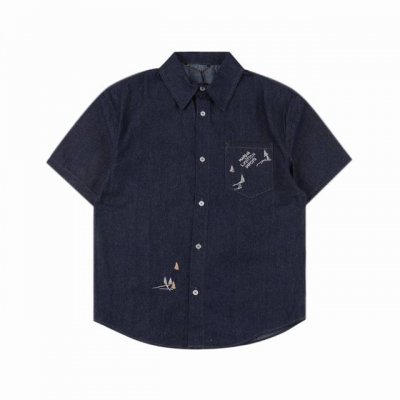 louis Vuitton Lv 帆船套装短袖衬衫 采用 G薄款牛仔布料 水洗蓝 前幅口袋设计 后幅帆船刺绣设计 栩栩如生 版型修身 男女同款 独家订制纽扣五金