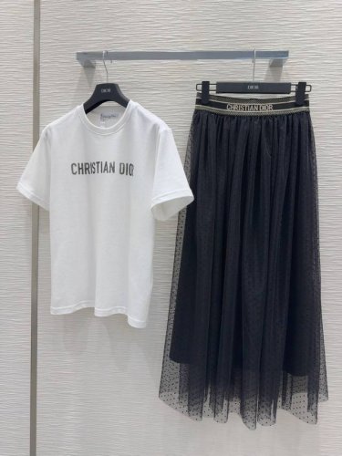 christian Dio* 2025Ss新款 Logo橡筋腰网纱波点植绒半裙圆领白色水印Logot恤套装高品质单色 Sml S T恤 肩宽43 胸围100 衣