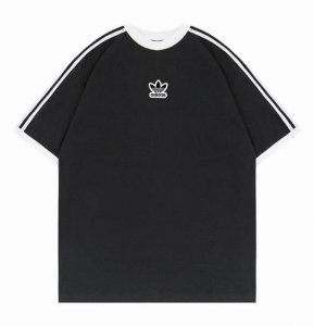 新款阿迪达斯Adidas 三叶草三条杠插肩撞色拼接Ins 领口螺纹针织情侣同款宽松落肩短袖T恤 面料: 260G重磅纯棉新疆长绒棉 采用特定重磅32S精棉平纹针