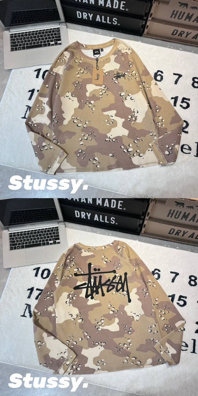160 -Stussy Fw24 Raglan Thermal Ls Crew Logo徽标设计插肩袖 华夫格 长袖 卫衣 男女同款 情侣款 -面料：原版一比一
