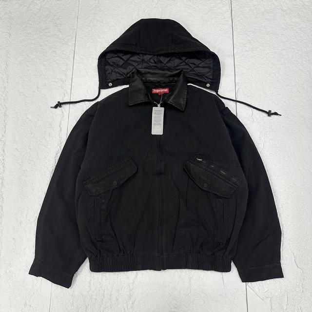 330 Supreme Fw24 Week3 Leather Collar Utility Jacket 胸前徽标口袋设计拉链可拆卸风帽开合水洗夹克 内里夹棉