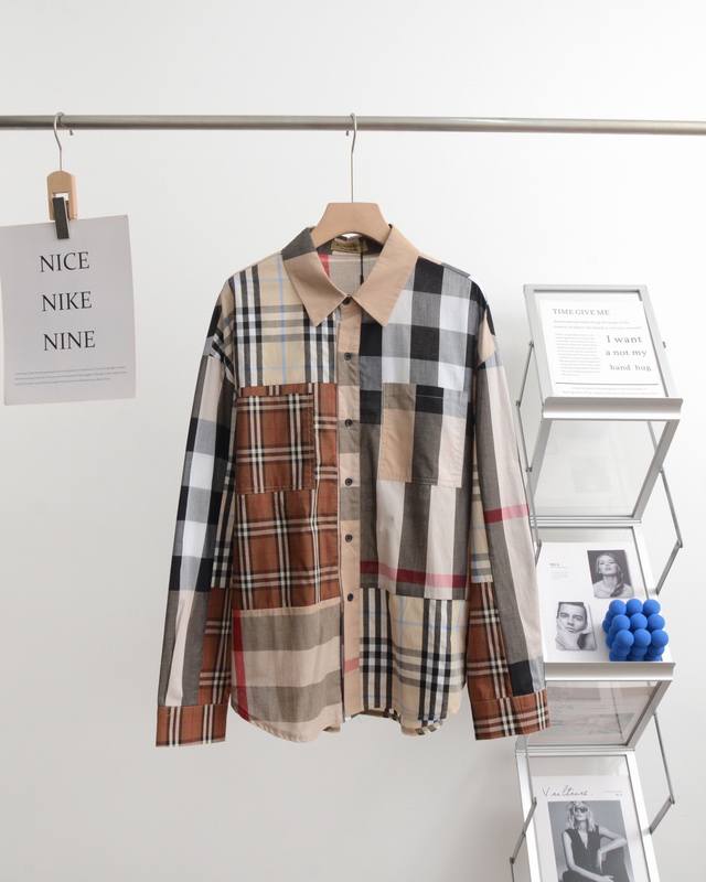 160 Burberry 巴宝莉拼接撞色长袖衬衣 网红同款苏六Six同款衬衫 气质必备采用全棉面料 原版购入打版 定位立体裁片 前幅，口袋，袖子等部位都是对格对