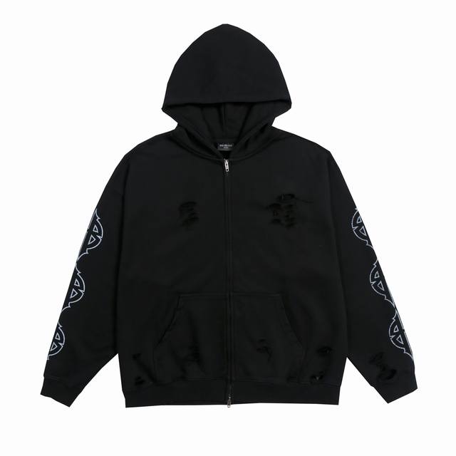 240 [顶级复刻版本] 品名: Balenciaga 巴黎世家 经典款巴黎埃菲尔铁塔印花做旧破坏拉链开衫连帽卫衣外套 颜色：黑色 尺码：Xs-L 面料: 45