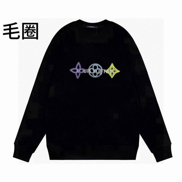 110 高品质Lv24Ss字母印花毛圈圆领卫衣情侣宽松秋季卫衣 肩膀缝合处后领处都采用双缝走线经久耐穿，后领口处采用纯棉拉条提升了后颈接触的舒适度，袖口下摆跟衣