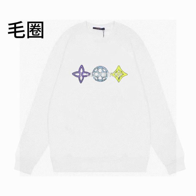 110 高品质Lv24Ss彩色印花毛圈圆领卫衣情侣宽松秋季卫衣 肩膀缝合处后领处都采用双缝走线经久耐穿，后领口处采用纯棉拉条提升了后颈接触的舒适度，袖口下摆跟衣