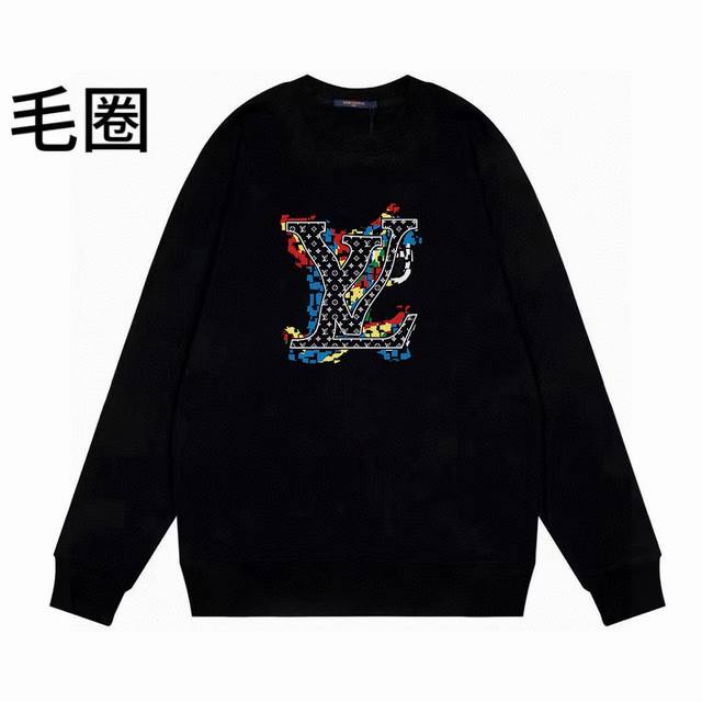 110 高品质Lv24Ss新款彩色印花毛圈圆领卫衣情侣宽松秋季卫衣 肩膀缝合处后领处都采用双缝走线经久耐穿，后领口处采用纯棉拉条提升了后颈接触的舒适度，袖口下摆