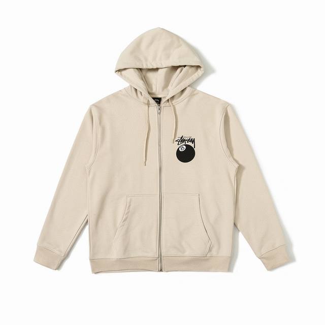 160 最高版本Stussy 斯图西 25Ss Ball Zip Hood 黑八台球趣味印花拉链连帽卫衣外套 原版购入开发 版型偏Oversize 烟灰色是订染