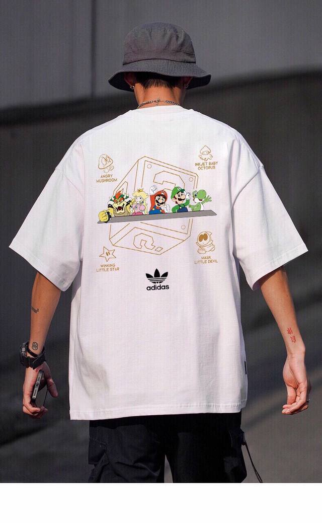 80 260G重磅纯棉 三叶草 Adidas Original 超级玛丽 马里奥 联名阿迪达斯 休闲宽松短袖T恤 男女同款 情侣款 面料工艺： 1.260G重磅