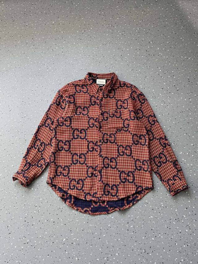 190 Gucci 古驰 25Ss红色格纹双G提花棉麻长袖衬衫 林俊杰同款 官网同步 面料采用原版一致羊毛棉麻材质面料 进行提花作业 还原原版 原大牌代工厂P专