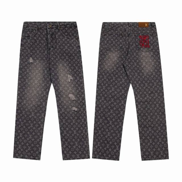 150 Lv 路易威登牛仔裤小红人刺绣满印提花牛仔裤长裤 丹宁面料材质搭配提花工艺，后幅采用苟芯立体刺绣工艺，小面积破洞拉毛纹路设计全件成衣够进行做旧洗水工艺,