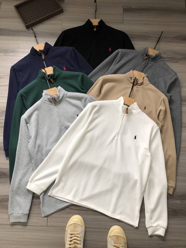 140 拉夫劳伦丨Ralph Lauren 七色小马徽标刺绣男女款半拉链针织长袖T恤卫衣. 颜色：白色 绿色 浅灰 深灰 卡其 藏青 黑色. 材质：定织定染纯棉
