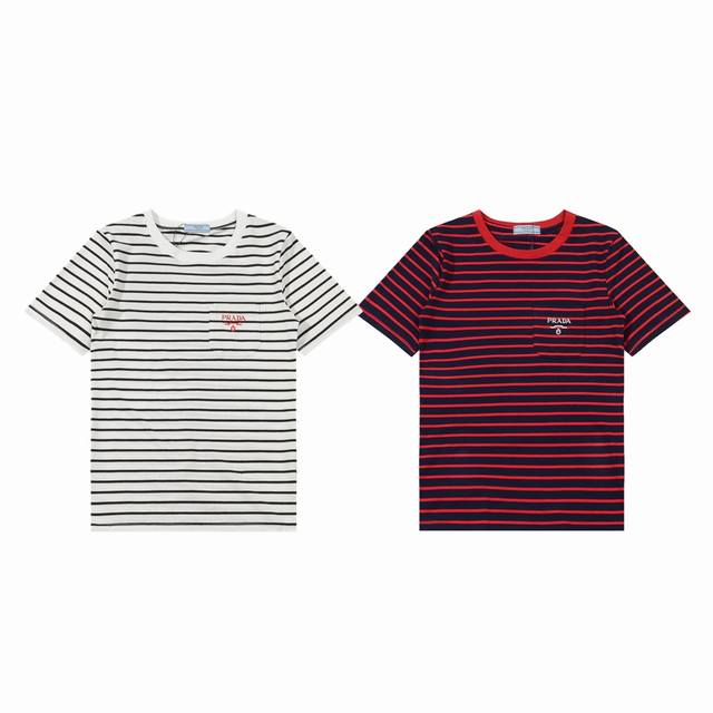 120 Prada 普拉达 25Ss 间色撞色条纹口袋刺绣情侣圆领短袖T恤-代购级品质 Color：白色 红色 Size：S M L Number：25167
