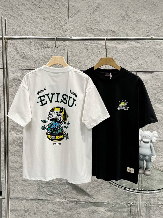 100 福神 带Nfc芯片识别高版本 Evisu 福神2025夏季新款大M印花休闲宽松情侣款 短袖T恤899 细节:版本一比一复刻，吊牌 领标 水洗 包装袋。水