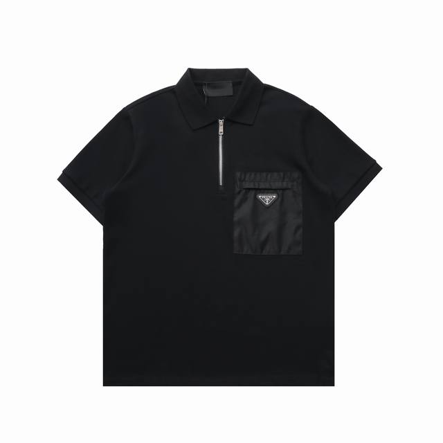 160 顶级复刻版本 Prada 普拉达 经典半拉链拼接口袋翻领Polo衫短袖T恤 面料: 280G重磅纯棉，随意对比 砖柜同步。第一时间正品开发研制。欢迎对比