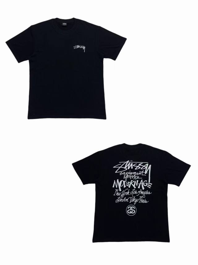 S259# P60 白底图 Stussy 世界巡游糸列 现代主义Logo涂鸦短袖T恤 男女同款 采用圆筒无缝工艺 原版工艺 衣服侧面没有缝合骨位 鉴定重点 面料
