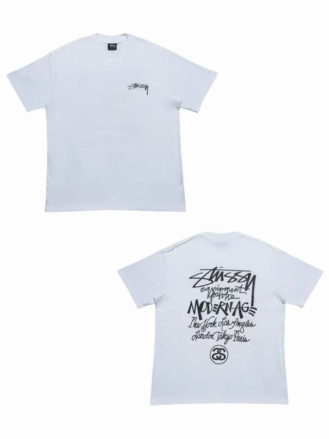 S258# P60 白底图 Stussy 世界巡游糸列 现代主义Logo涂鸦短袖T恤 男女同款 采用圆筒无缝工艺 原版工艺 衣服侧面没有缝合骨位 鉴定重点 面料