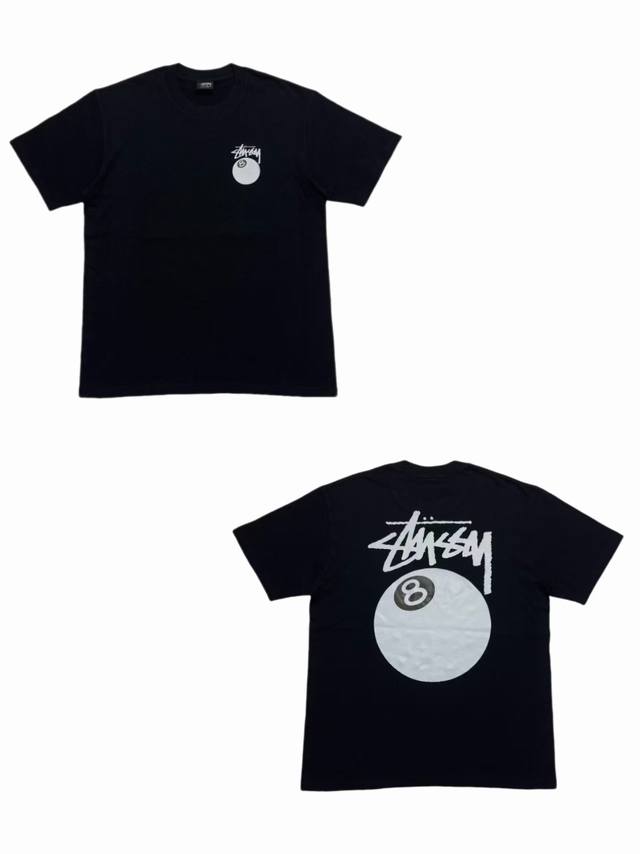 S257# P60 白底图 Stussy 经典黑8台球印花图案短袖T恤 男女同款 采用圆筒无缝工艺 原版工艺 衣服侧面没有缝合骨位 鉴定重点 面料：全都订织定染