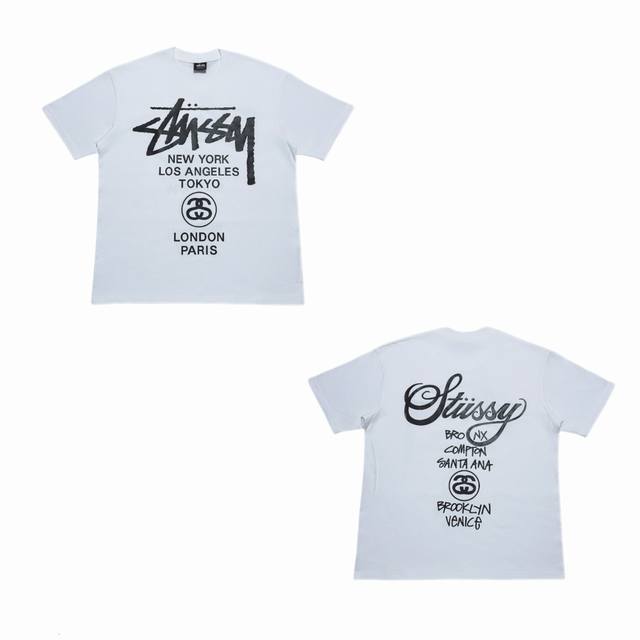 S242# P60 白底图 Stussy Ss23 世界巡游糸列 字母印花圆领短袖T恤 男女同款 采用圆筒无缝工艺 原版工艺 衣服侧面没有缝合骨位 鉴定重点 面