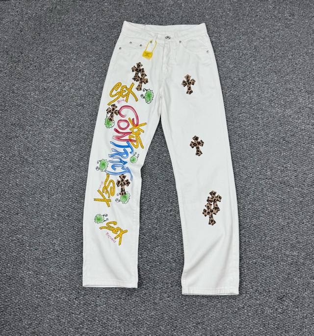 P160 款号：H738 Chrome Hearts & 克罗心 白底拼豹纹中古涂鸦绘画高街牛仔裤 克罗心里面颜色最能打的裤子啦啦啦 采用珠帆布面料，重工水洗使