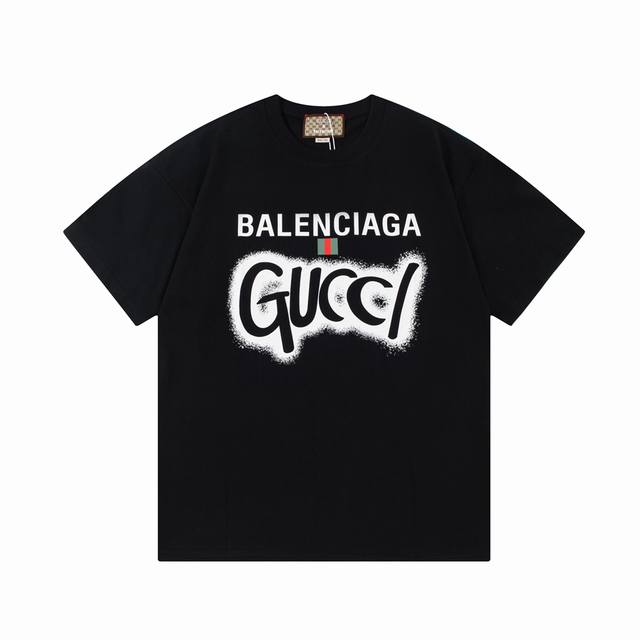 P80#E154 Balenciaga 巴黎世家 古驰联名双B字母印花 Logo标识印花 精致升级。短袖T恤 原版面料 官方同款 定制260克双纱同缸染面料 手