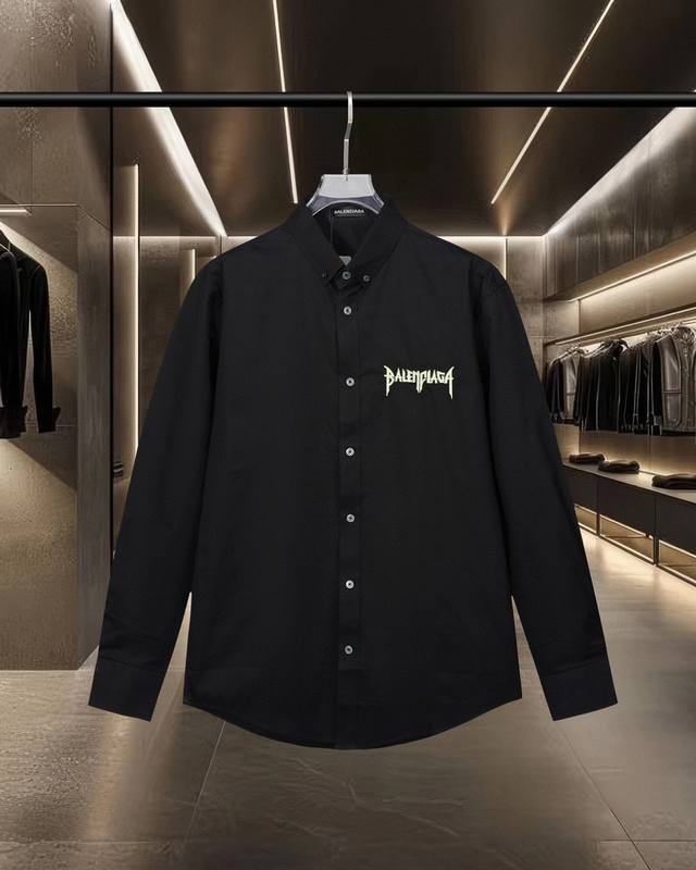 190 Balenciaga 巴黎 胸前荧光Logo字母刺绣长袖宽松版型衬衫 2025Ss官网新款长袖 衬衫 衬衣，精美绣花Logo 高端版本，专柜定制面料 透