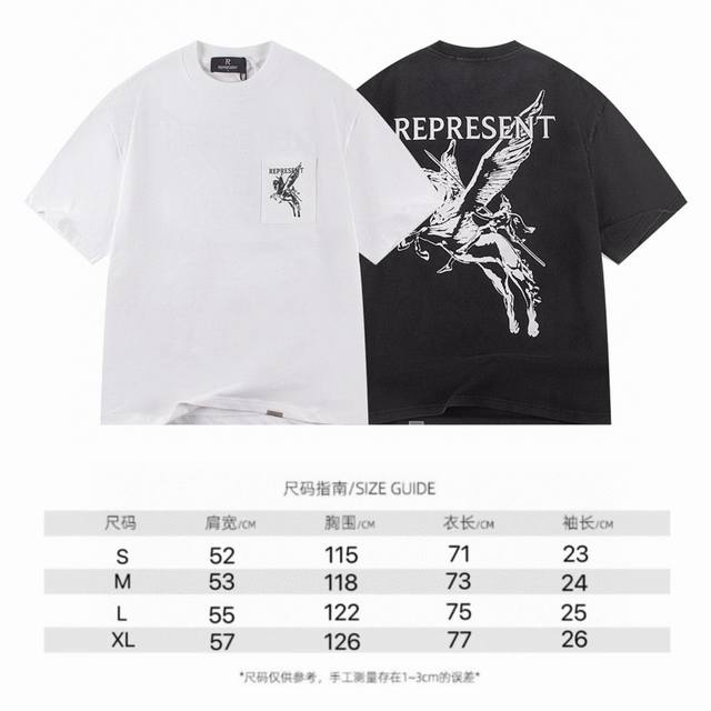 款号：S870 白色 批：80 水洗黑批：90 尺码： S-M-L-Xl 颜色： 白色 水洗黑 Represent新款美式高街男女街头潮流宽松短袖 采用纯棉 3