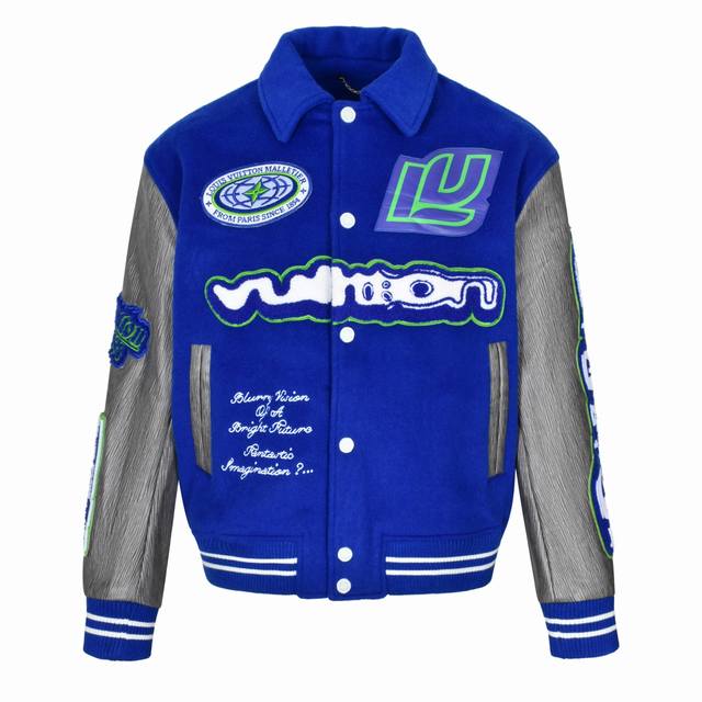 P500 独家供应 1V 宝蓝绣花皮袖棒球服外套 原版52,000购入开发，采用80%羊毛 950G克重毛呢面料，羊毛全部采用本年度新剪羊毛纺纱织胚，根据Y版打