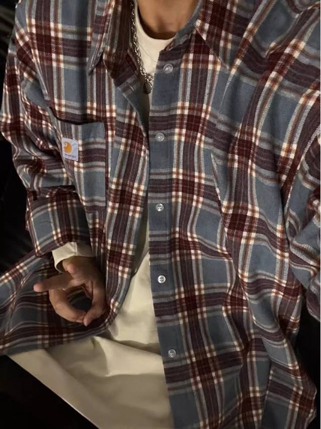 90款号212 Carhartt卡哈特 重磅纯棉磨毛绣标格纹元素宽松衬衫情侣款. Color: 格子 Size: M-Xl M 肩宽58 胸围132 衣长81
