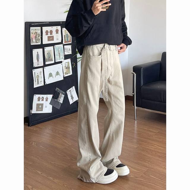 80 款号Xk3213 美式美拉德咖色飘带牛仔裤美式复古搭配马丁靴裤子直筒弯刀工装裤，面料定制经过一流的高工艺水洗 ，质地紧密 色泽均匀 纹理清晰，上身非常舒适