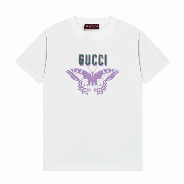 110 女款 隔天到 Gucci 古驰 2025新款 50支双冰爽棉170G面料 蝴蝶字母Logo印花标识 官方同步 高版本 时尚个性 百搭潮流 纯原品质 原版