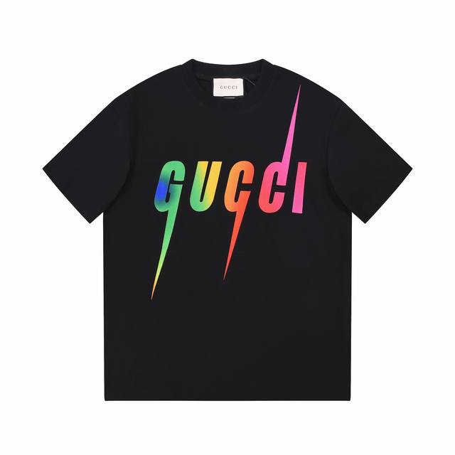 P100 Gucci 彩虹渐变锋刃闪电印花短袖渐变色男女情侣百搭同款短袖T恤 -采用双纱纯棉280G，还原Lv经典反袖做法，三标齐全，面料颜色定制定染，不缩水不